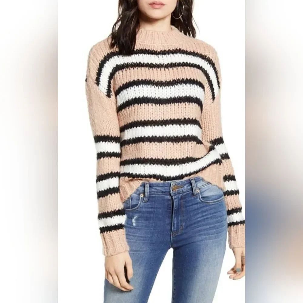 Woven Heart M Striped BabbyPinkWhiteBlack Lslv Cozy Mohair Blend Women's Sweater